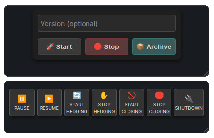 Strategy controls: start, stop, archive, pause, resume, hedge and closing actions.