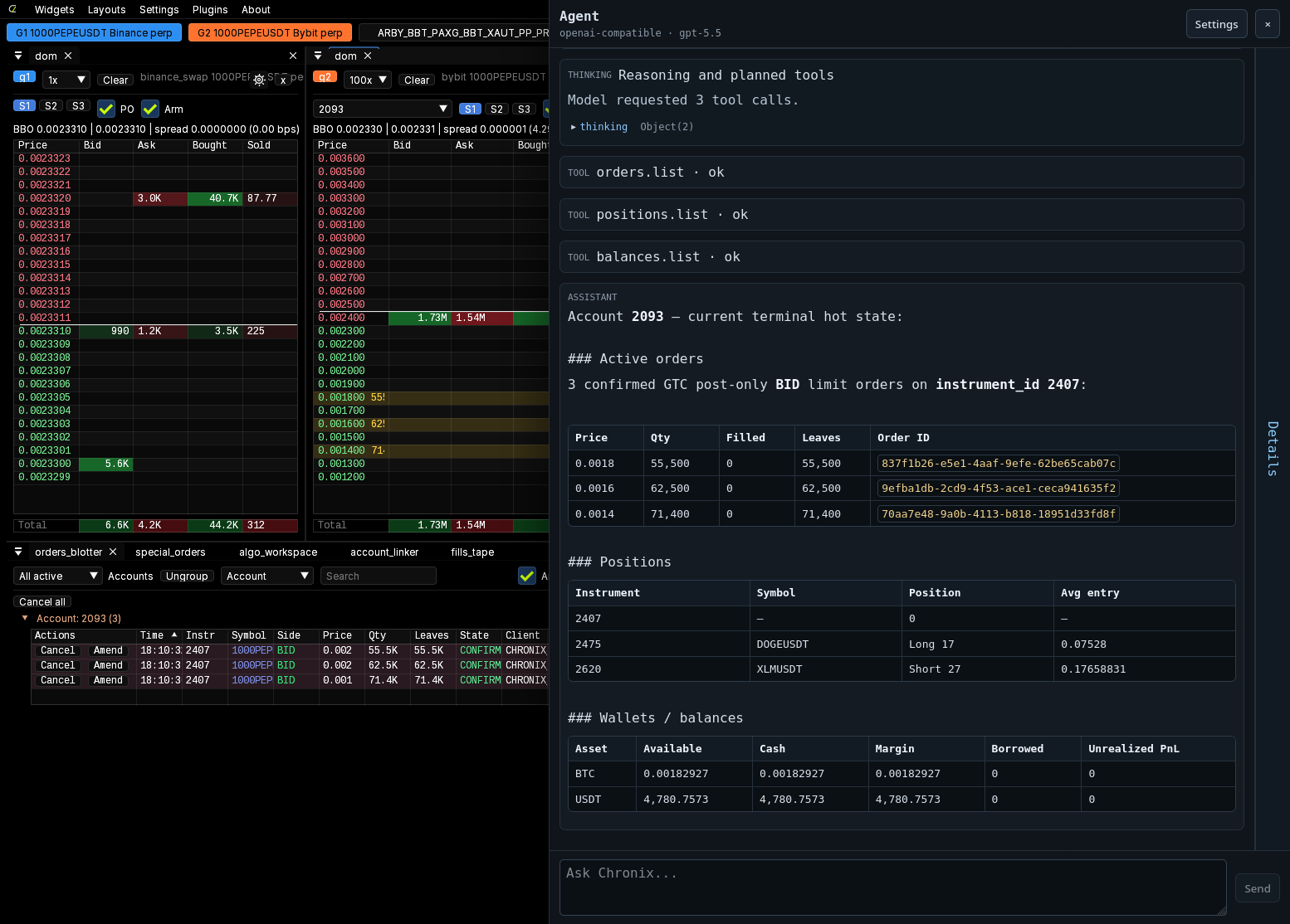 Chronix agent: reads orders, positions and balances through tools, answers and builds in the terminal.